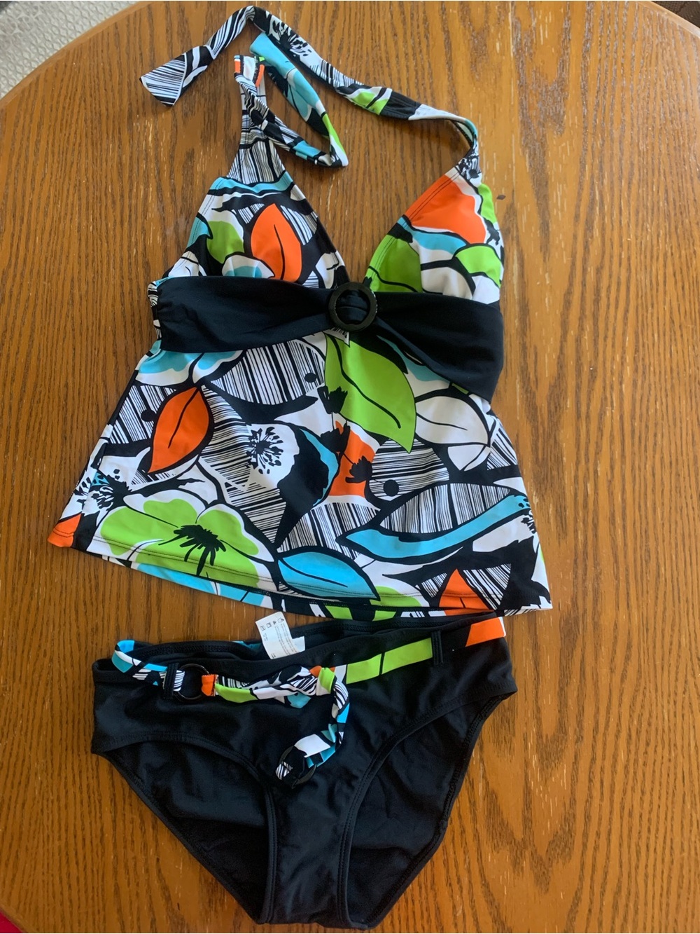 NWT Christina Tankini Swim Set Black Floral Halter - Green, Blue & Orange